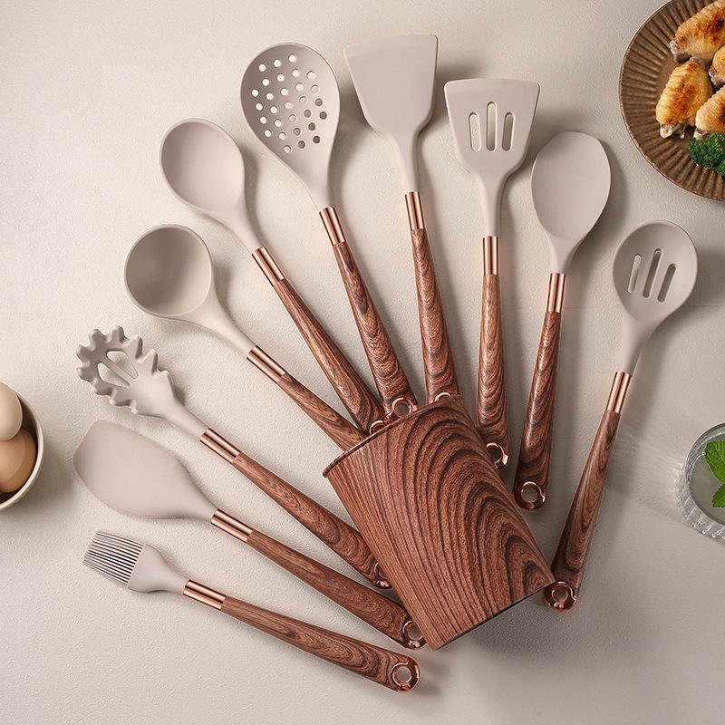 11pcs Set Spoon Spatula Non-Stick Cookware Tools Wood Storage Bucket Kitchen Silicone Cookware Set with Wooden Handle