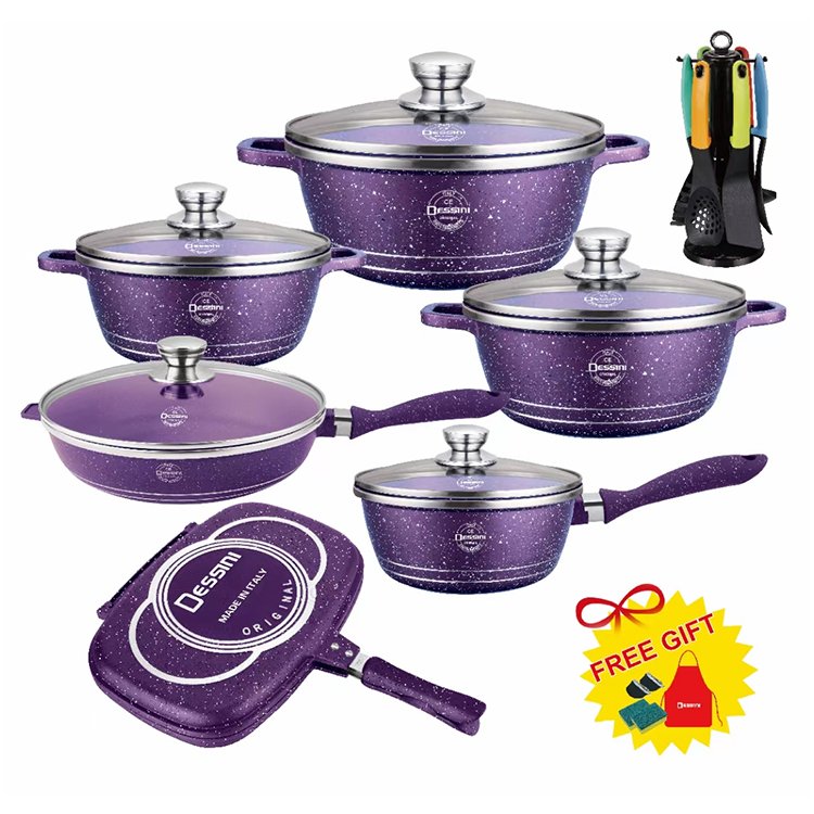 24PCS Dessini Non Stick Marble Stone Coating Cooking Pot Pan Nonstick Forged Die Cast Aluminum Cookware Sets