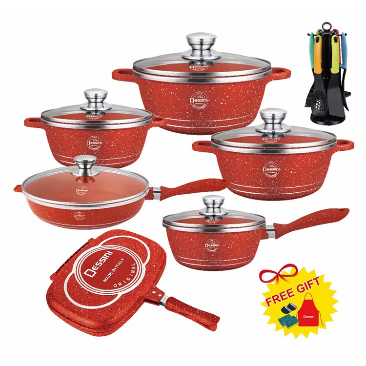 24PCS Dessini Non Stick Marble Stone Coating Cooking Pot Pan Nonstick Forged Die Cast Aluminum Cookware Sets