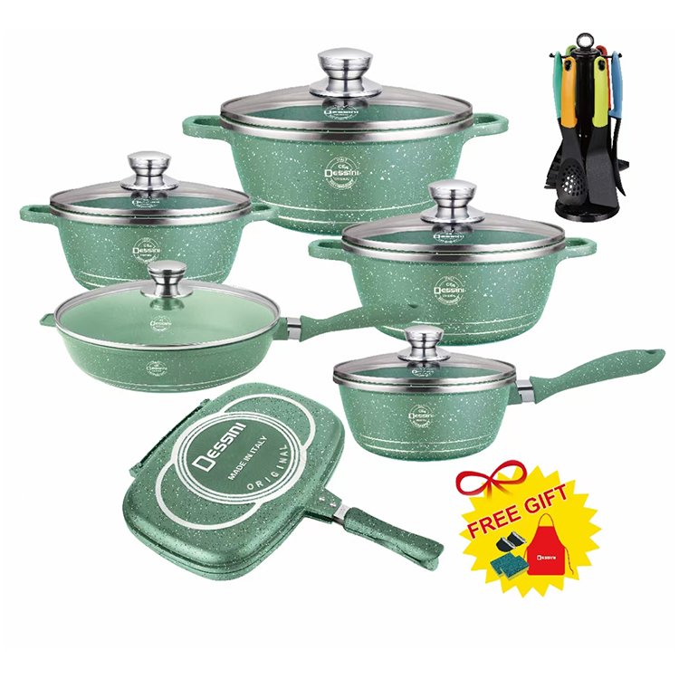 24PCS Dessini Non Stick Marble Stone Coating Cooking Pot Pan Nonstick Forged Die Cast Aluminum Cookware Sets