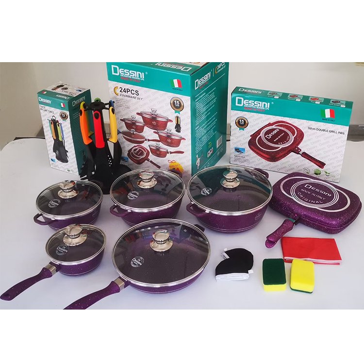 24PCS Dessini Non Stick Marble Stone Coating Cooking Pot Pan Nonstick Forged Die Cast Aluminum Cookware Sets