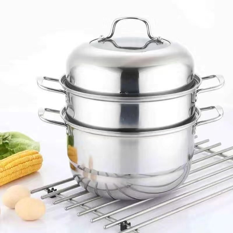 High Quality Kitchen Cookware Set Stainless Steel Steamer Induction Cooking Pot with Metal Lid 2/3 Layers Soup Pot