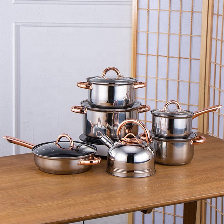 High Quality Promotional 12pcs/set Stainless Steel Household Multi-functional Cooking Cookware Sets With Glass Lid And Handle