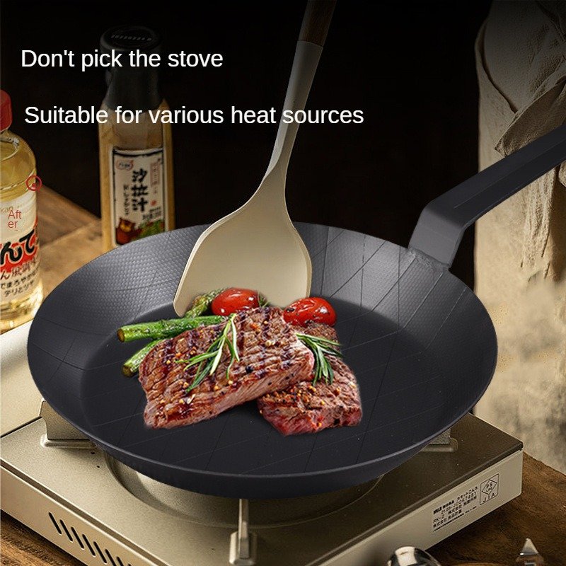 Black Carbon Steel Metal Frying Pan with Induction and Steel Handle for Kitchen Use