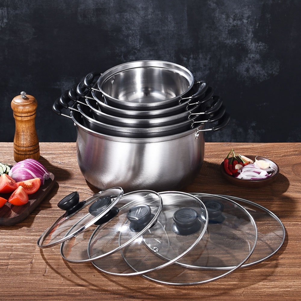 10-Piece Kitchen Cast Iron Non-Stick Cookware Set Soup & Stock Pots with Stainless Steel Hot Food Warmer Cooking Metal Material
