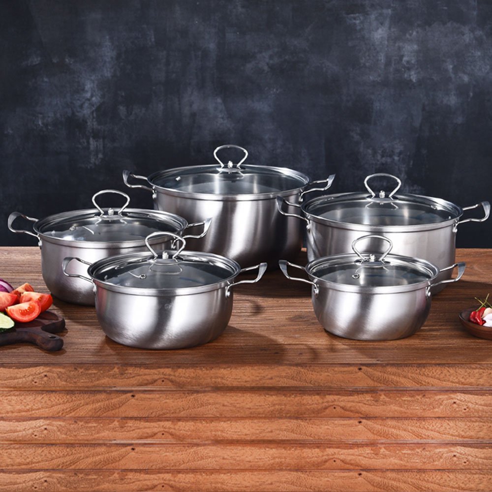 10-Piece Kitchen Cast Iron Non-Stick Cookware Set Soup & Stock Pots with Stainless Steel Hot Food Warmer Cooking Metal Material