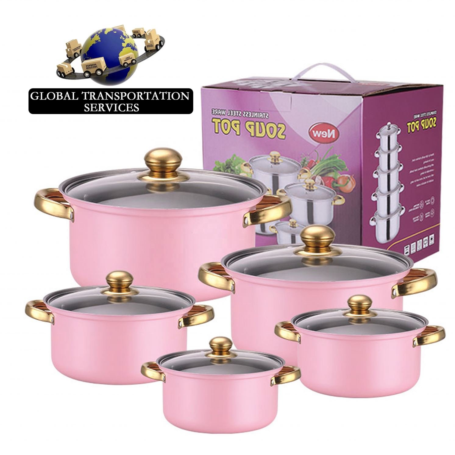Wholesale 10pcs Stainless Steel Gold handle Soup Pots Cooking Pots Milk Pots And Pans casserole Kitchen Cookware Sets