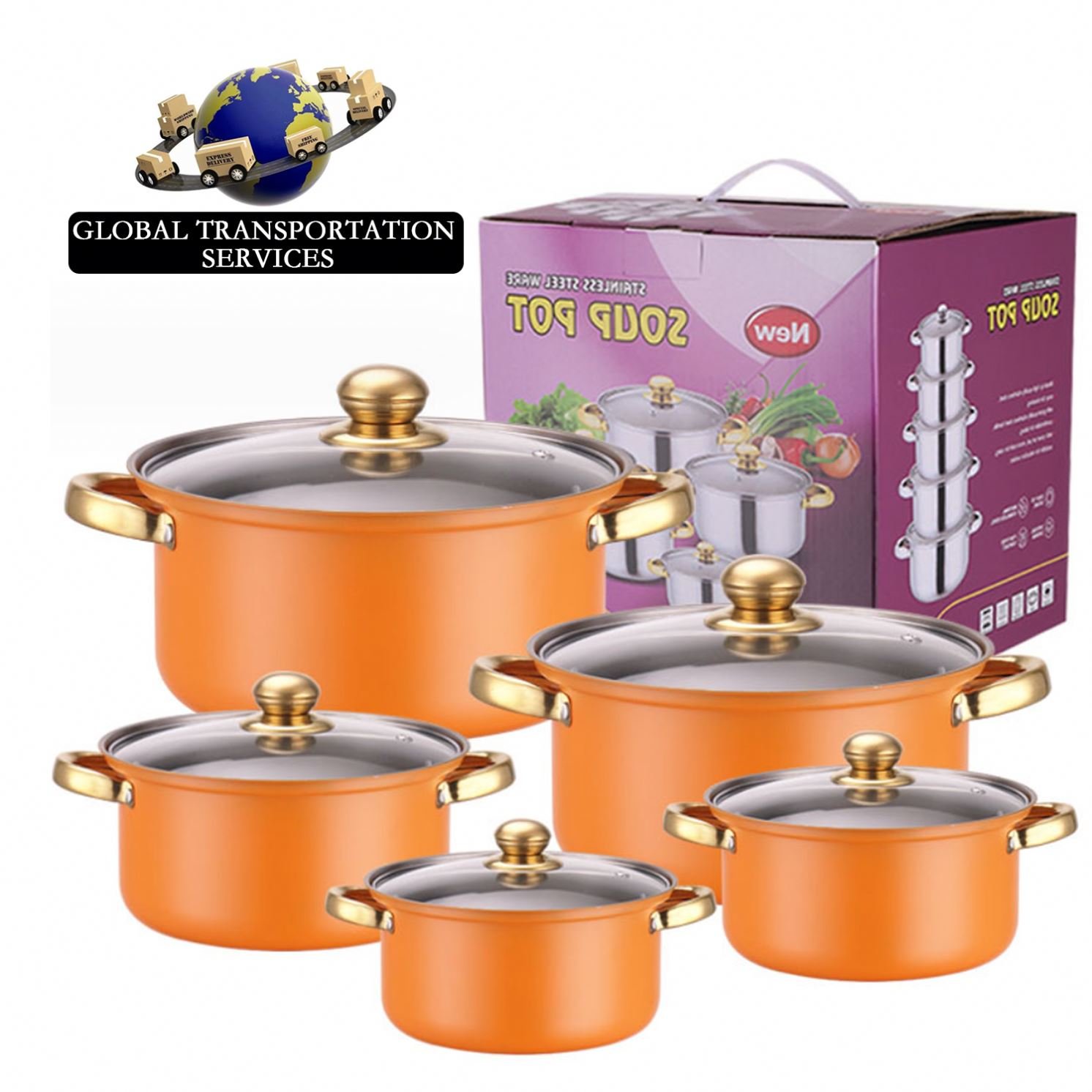 Wholesale 10pcs Stainless Steel Gold handle Soup Pots Cooking Pots Milk Pots And Pans casserole Kitchen Cookware Sets
