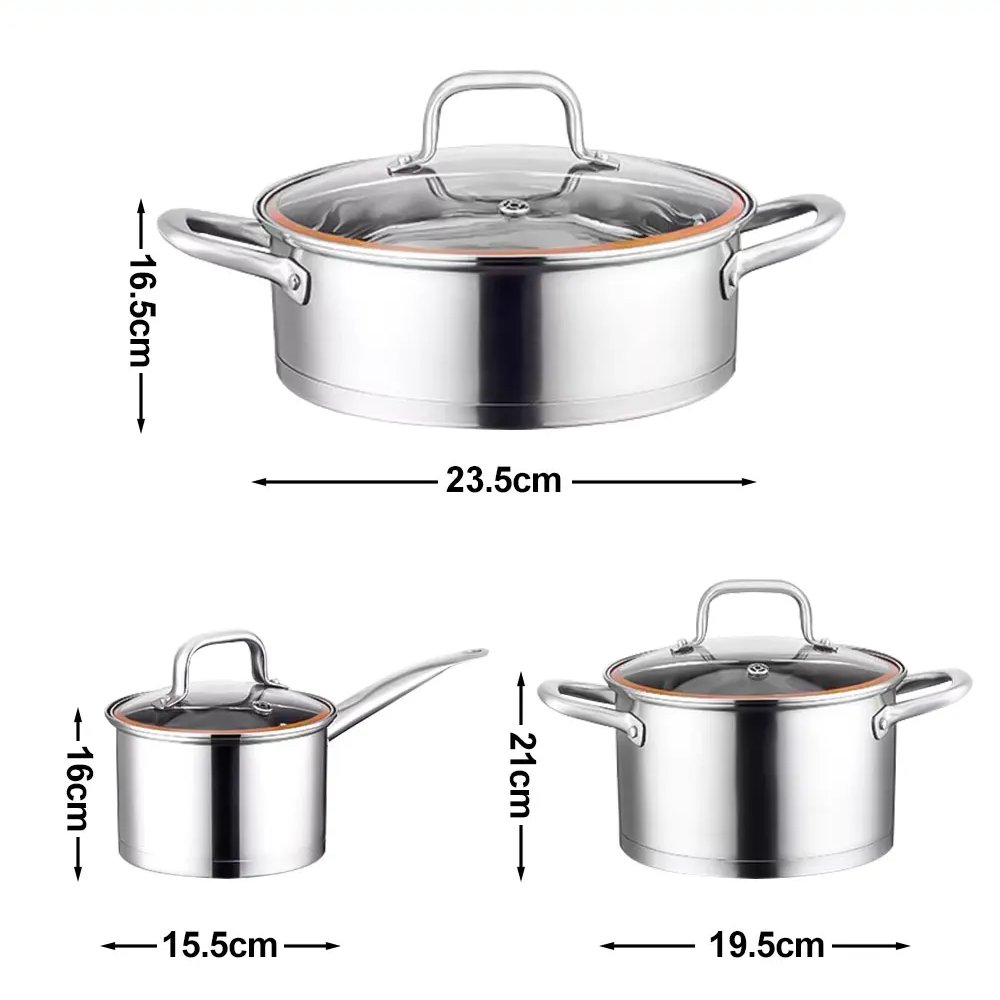 304 Stainless Steel Kitchen Pots And Pans Cooware Set 6 pieces Cookware Sets With Glass Lid