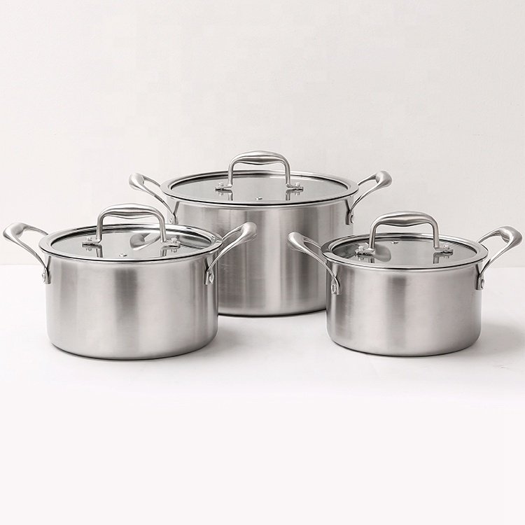 2023 New Design OEM/ODM Tri-ply Stainless Steel 18-28cm Casserole Stock Pot Cooking Pots Cookware Set with Glass Lid