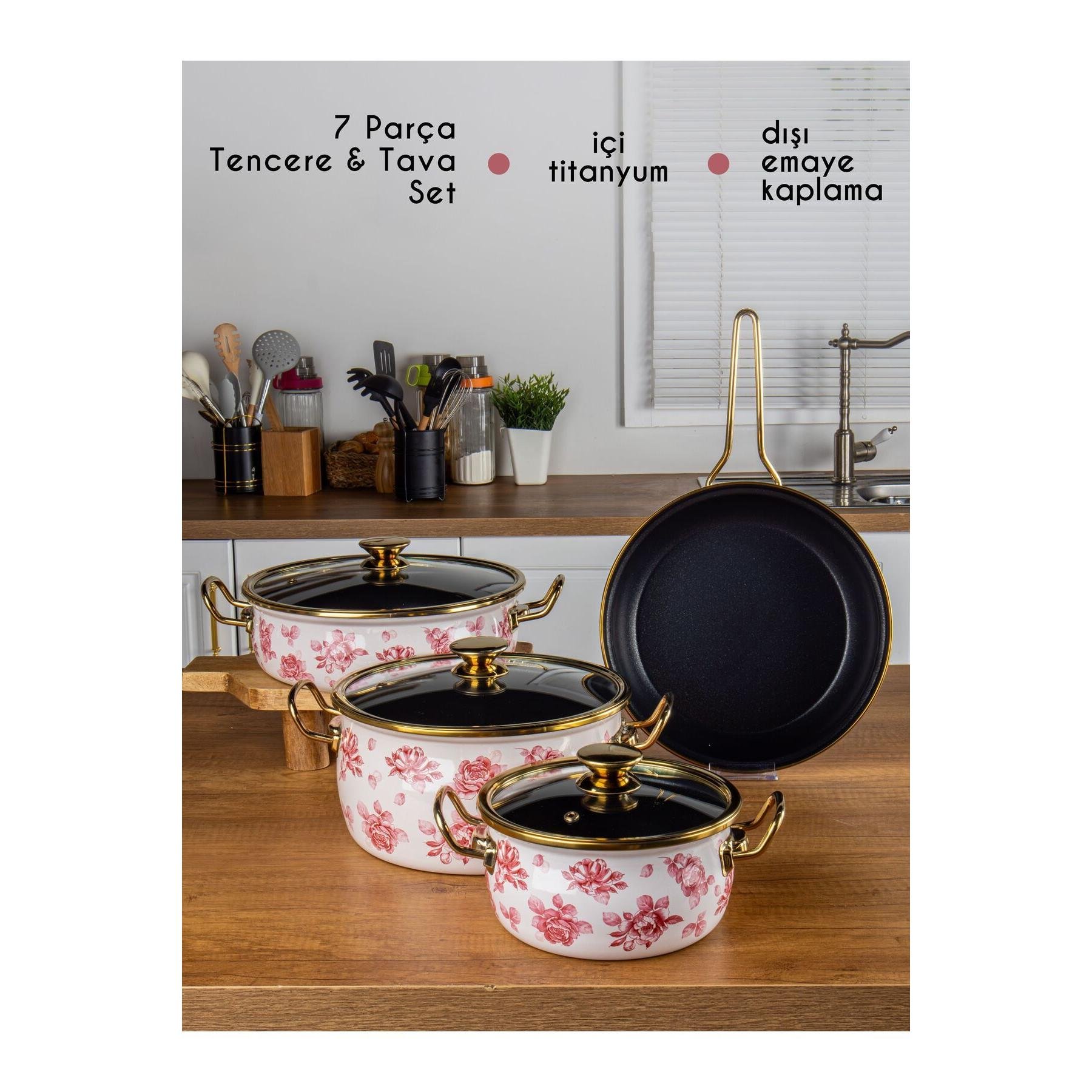 Enamel Coated Steel Belly shape Lilium 7 pcs Cookware Set Cream Pot Shallow Pot and Frypan with Rose-patterned Red decor
