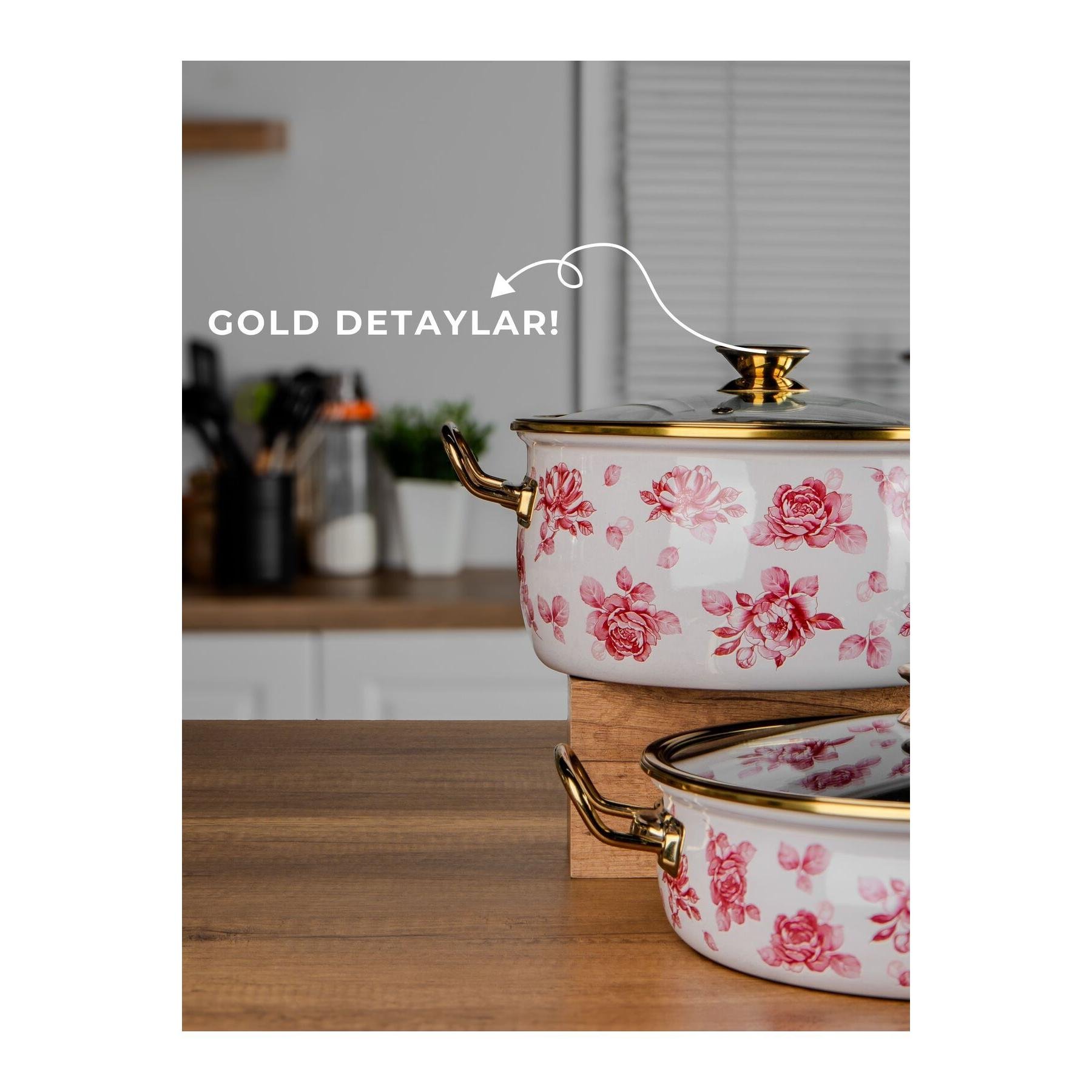 Enamel Coated Steel Belly shape Lilium 7 pcs Cookware Set Cream Pot Shallow Pot and Frypan with Rose-patterned Red decor