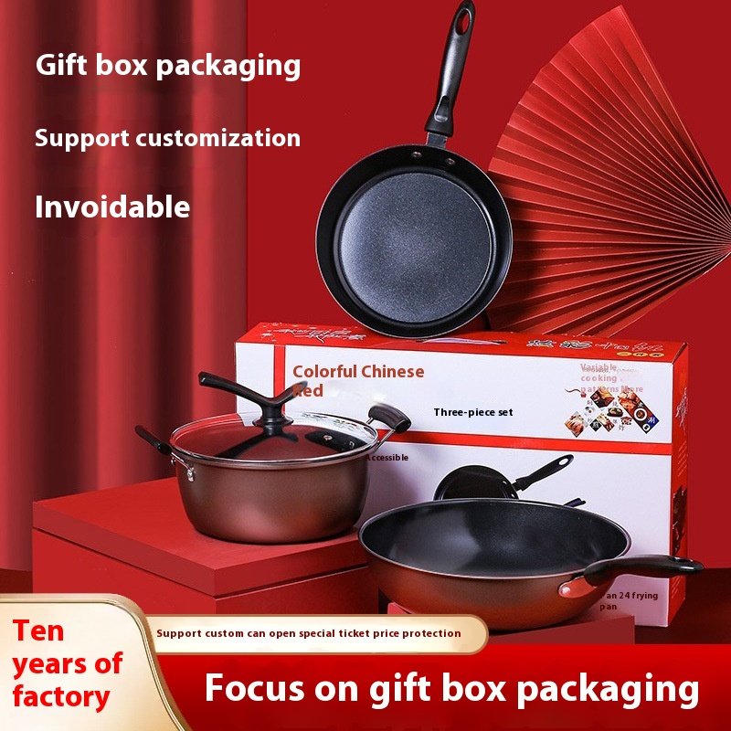 China Red Three-Piece Non-Stick Cookware Set for Annual Meeting Anniversary Event or Gift-Wok Set