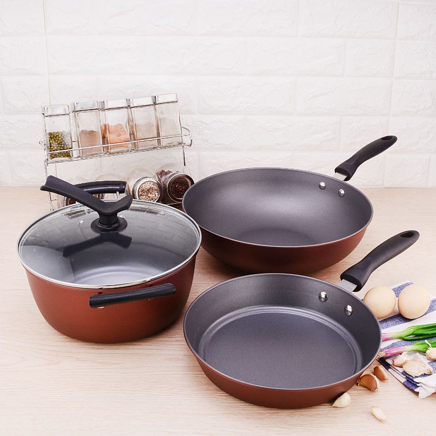 China Red Three-Piece Non-Stick Cookware Set for Annual Meeting Anniversary Event or Gift-Wok Set