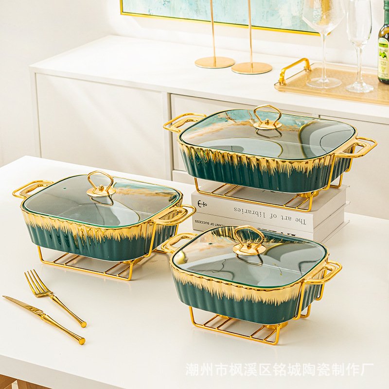 Luxury Rectangular Ceramic Dry Pot Food Warmer Set Chafing Dish Wedding Hotel Equipment Hot Pot Cookware Sets With Lid