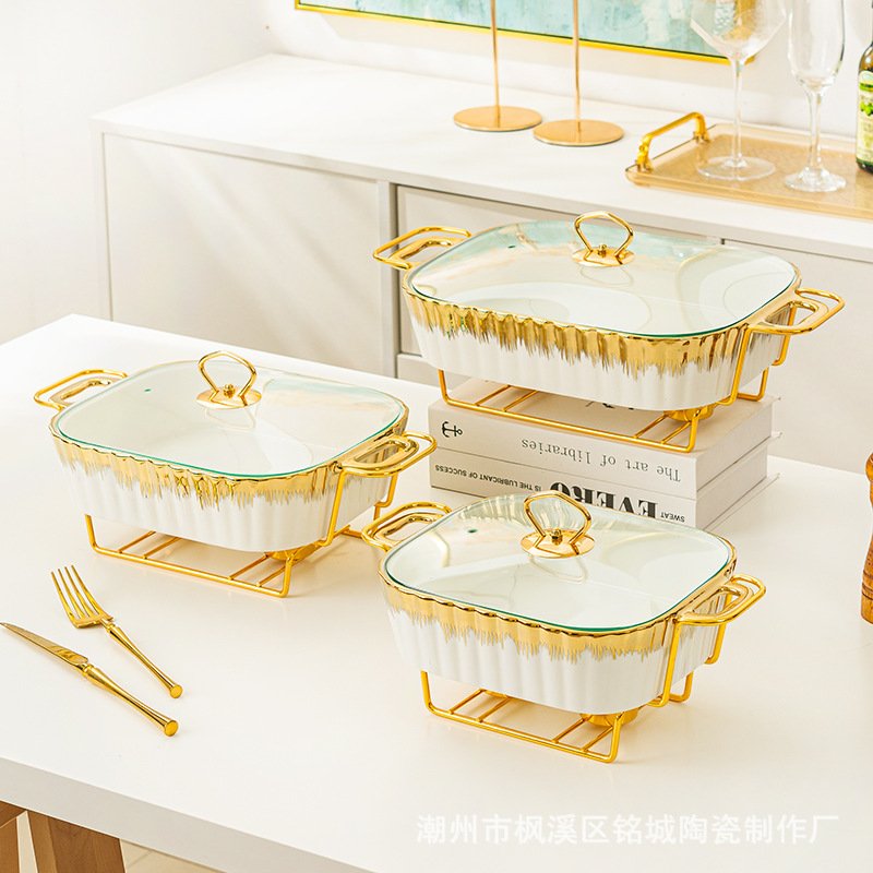 Luxury Rectangular Ceramic Dry Pot Food Warmer Set Chafing Dish Wedding Hotel Equipment Hot Pot Cookware Sets With Lid