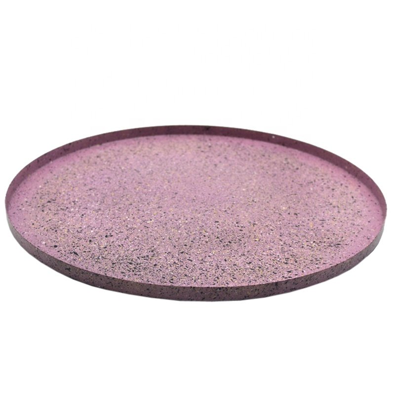 Kitchen & Table Top Dinnerware Iron Mosaic Round Serving Plate Purple Marble And Silver Color Dish and Tray For Serving Handmade