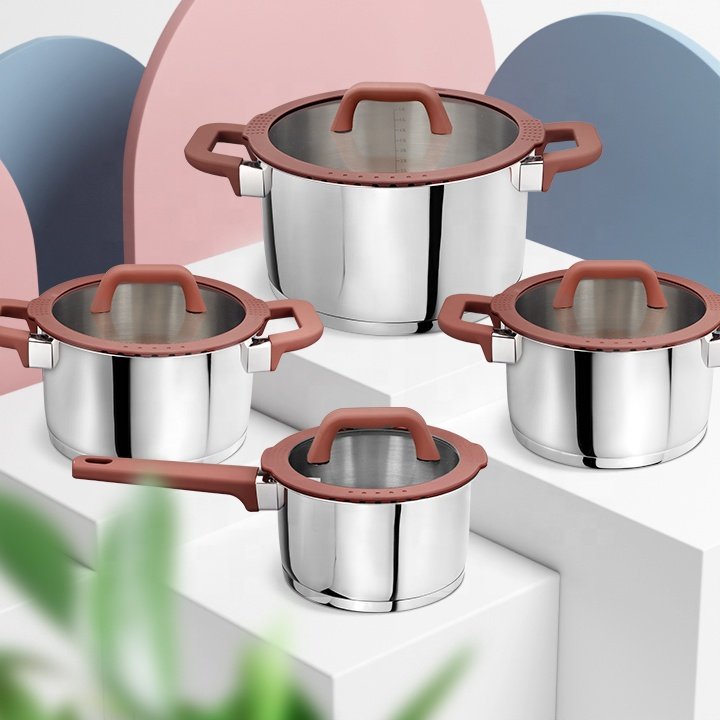 Wholesale customization kitchen 8pcs cooking pots stainless steel non stick cookware set with nylon handle