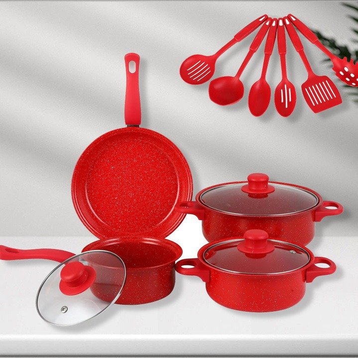 Hot selling 13 Piece Kitchen Luxury Cooking Pots Set Black Red Pink Non Stick Cookware Set With Pots And Pans Set and lid