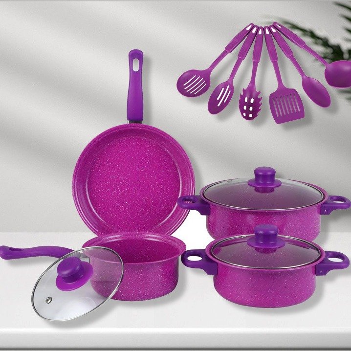 Hot selling 13 Piece Kitchen Luxury Cooking Pots Set Black Red Pink Non Stick Cookware Set With Pots And Pans Set and lid