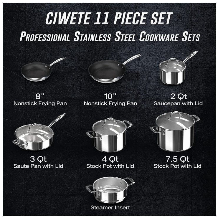 hot sale stainless steel pots and pans 11 pieces kitchen Cookware Sets Frying Pan Cooking pot with steamer insert