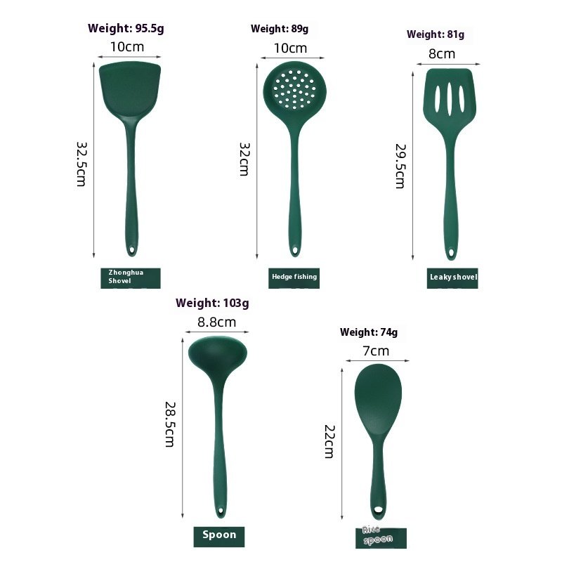 Five-Piece Integrated Non-Stick Silicone Cookware Set Black and Green Spatula Soup Spoon Rice Spoon for Household Kitchen Use