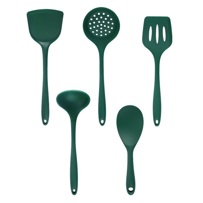 Five-Piece Integrated Non-Stick Silicone Cookware Set Black and Green Spatula Soup Spoon Rice Spoon for Household Kitchen Use