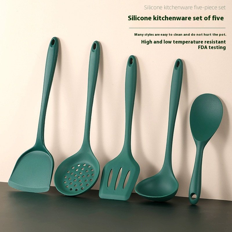 Five-Piece Integrated Non-Stick Silicone Cookware Set Black and Green Spatula Soup Spoon Rice Spoon for Household Kitchen Use