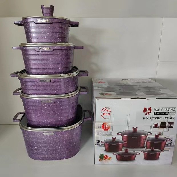 Square stripe 10-piece set with the tower double bottom pot is made of aluminum non-stick marble medical stone