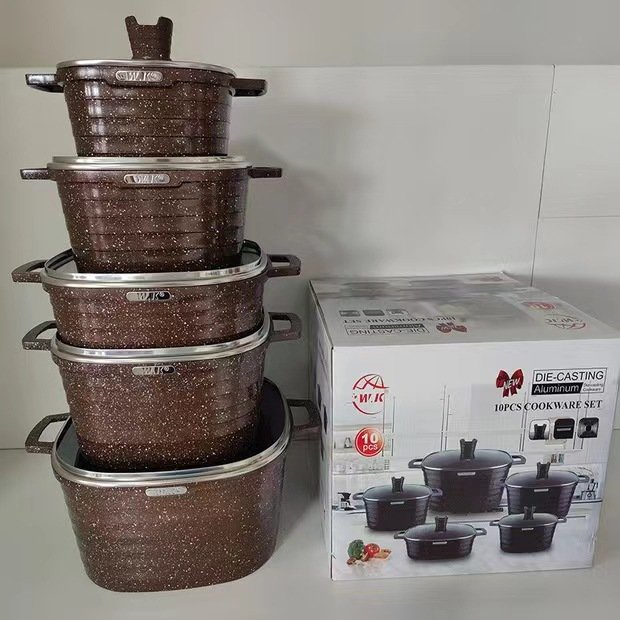 Square stripe 10-piece set with the tower double bottom pot is made of aluminum non-stick marble medical stone