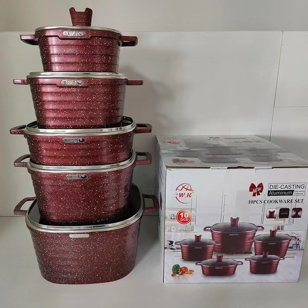 Square stripe 10-piece set with the tower double bottom pot is made of aluminum non-stick marble medical stone