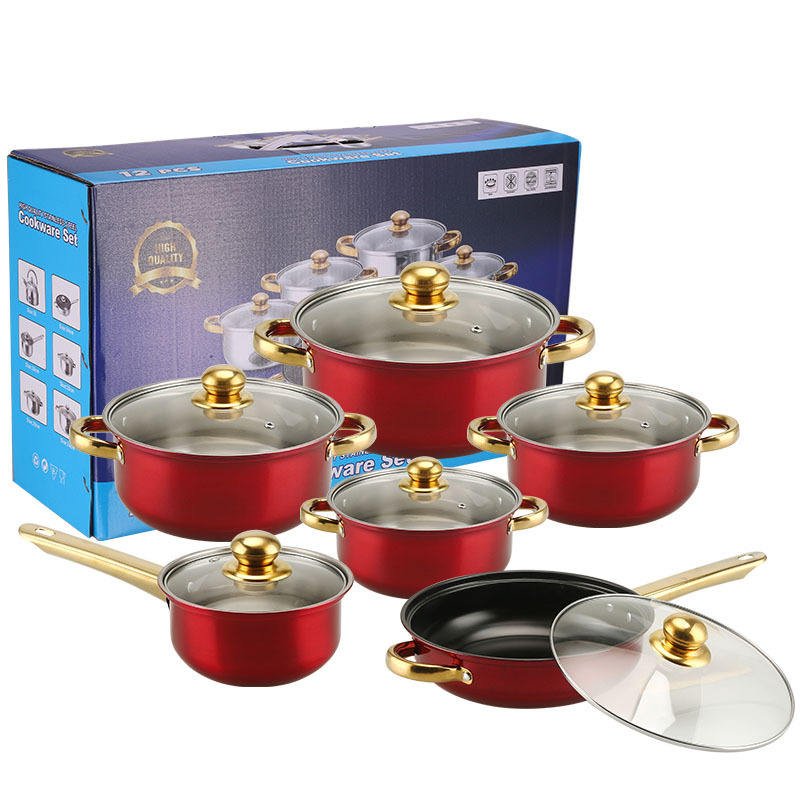 Hotsale 12-piece Cookware Set Stainless Steel Non-stick Skillet Pink High Quality Skillet Stockpot Burgundy Pot Sets