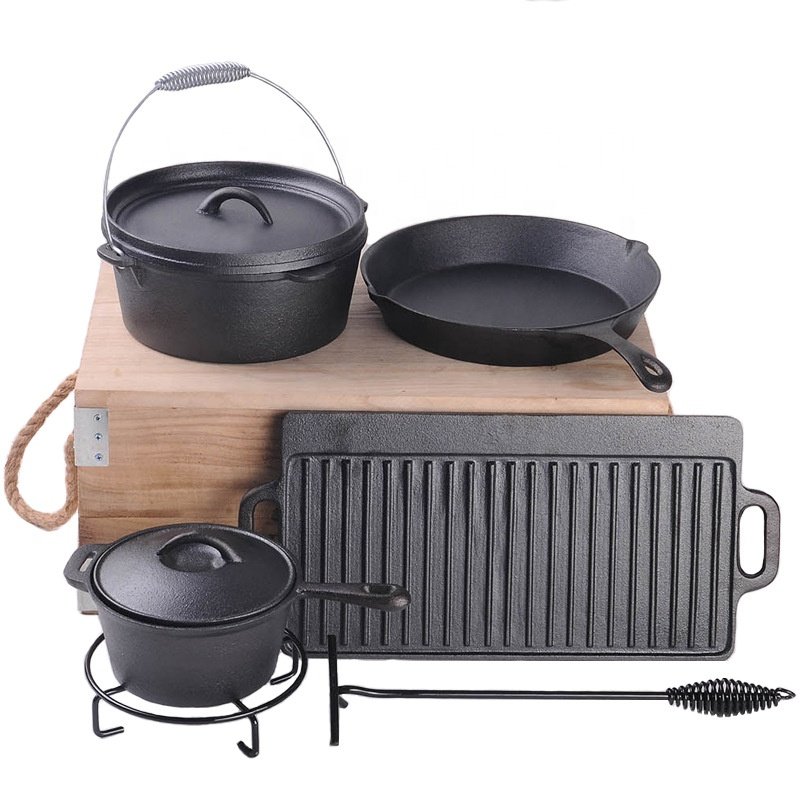 Heavy duty non stick 7 piece cast iron pots and pans dutch oven camping cookware set for outdoor bbq cooking