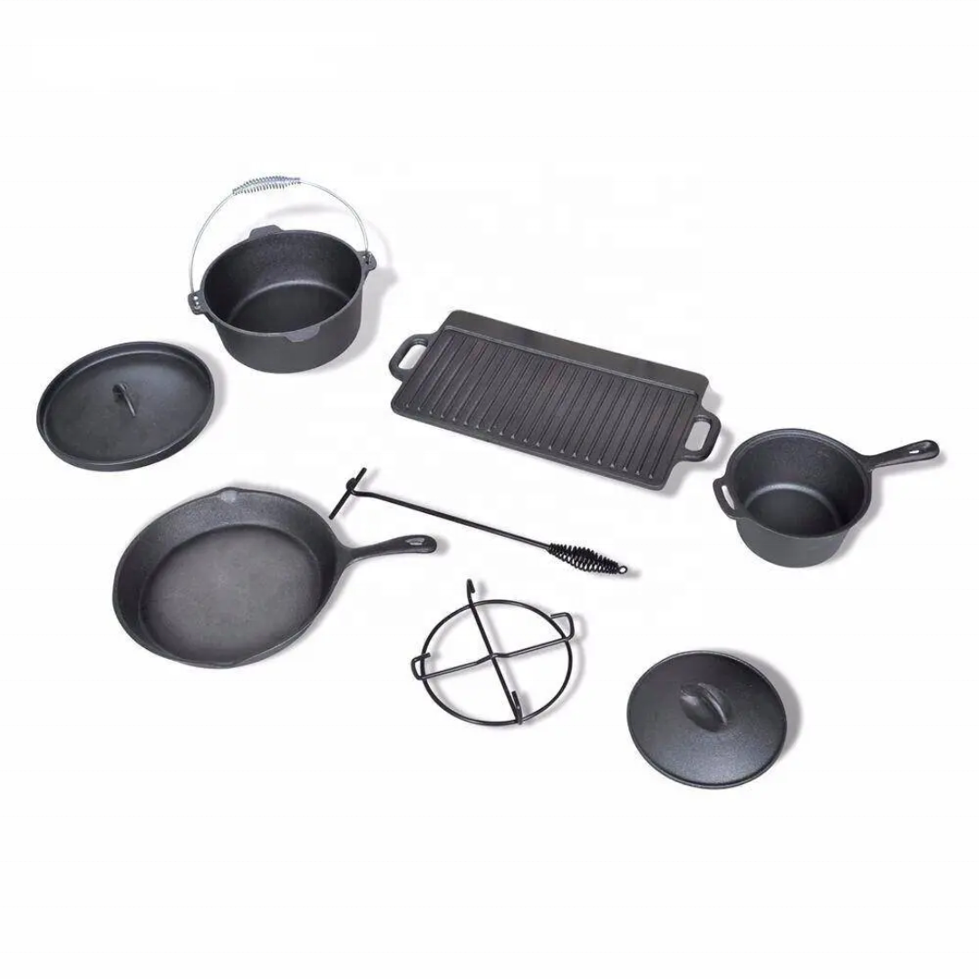Heavy duty non stick 7 piece cast iron pots and pans dutch oven camping cookware set for outdoor bbq cooking