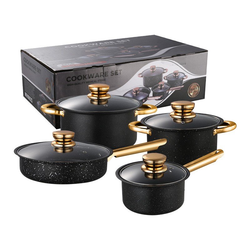 Stainless steel pot set non-stick pan 8-piece set gold-plated handle stainless pots cookware set kitchen