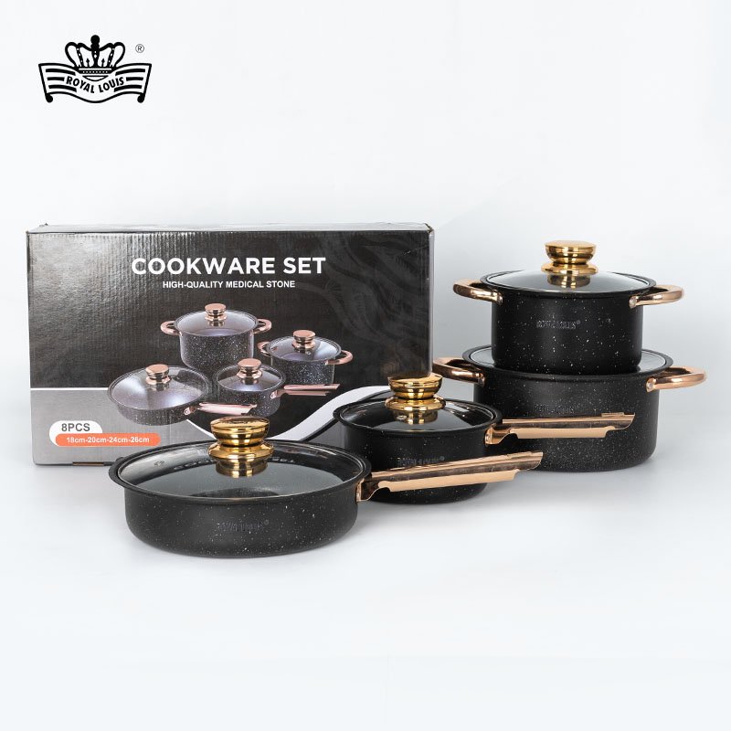 New products 8 pieces pot set black granite cookware set marble non stick coating sauce pan stock pot frying pan