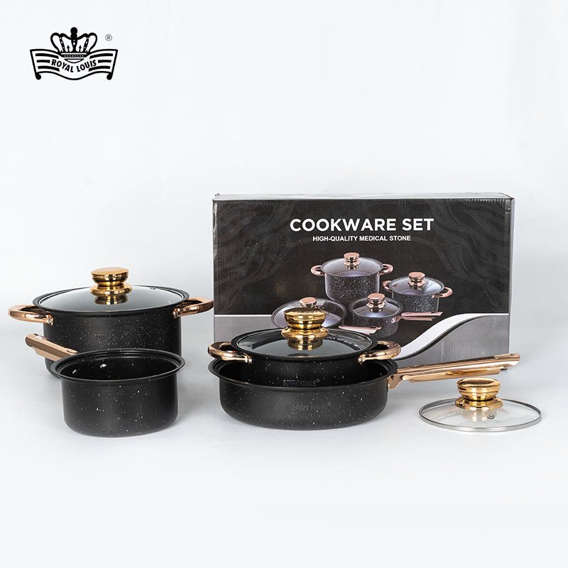 New products 8 pieces pot set black granite cookware set marble non stick coating sauce pan stock pot frying pan