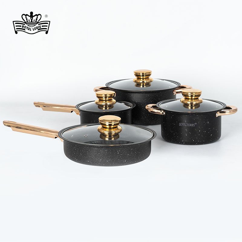New products 8 pieces pot set black granite cookware set marble non stick coating sauce pan stock pot frying pan