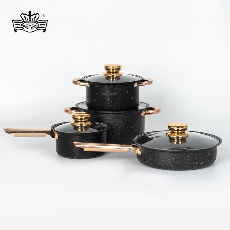 New products 8 pieces pot set black granite cookware set marble non stick coating sauce pan stock pot frying pan
