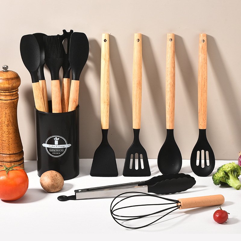 Heat resistant 12 pieces silicone wooden handle kitchen utensils set Kitchen gadgets Cooking tool