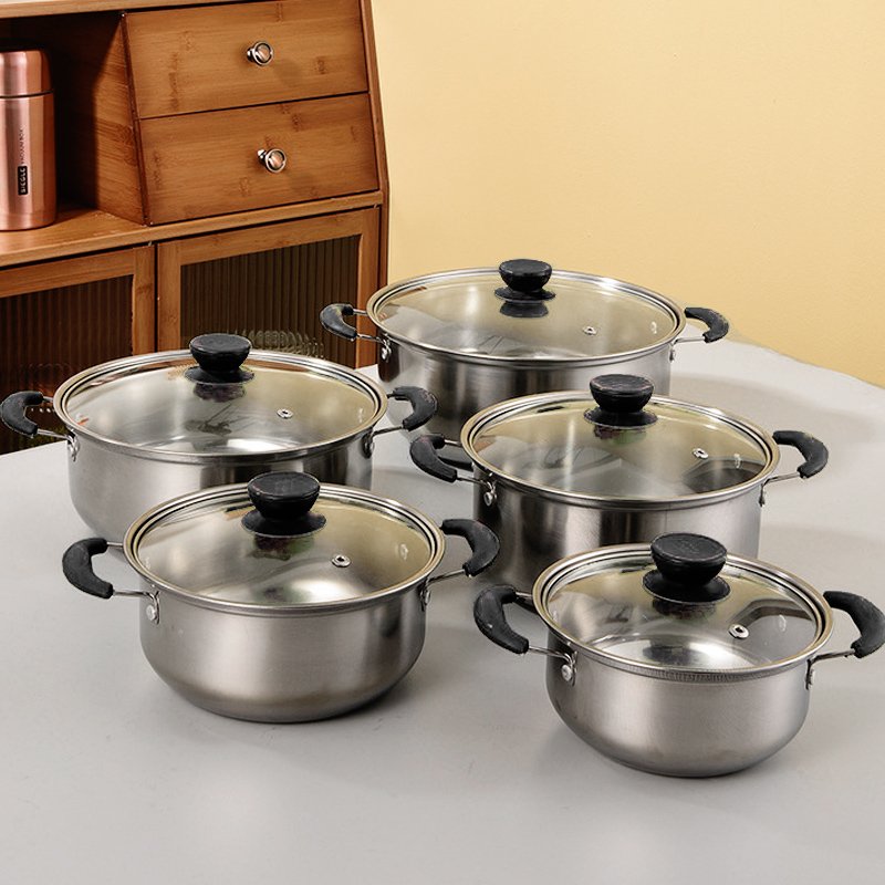 Black 10-Piece Stainless Steel Pots Kitchen Cookware Set Multi-Function Cooking Pots With Glass Lids Soup Pots