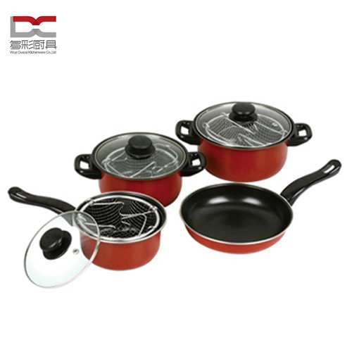 High Quality Colorful Metal Carbon Steel Stainless Steel Rack Basket Deep Fryer Casserole Pot10pcs Non-Stick Cookware Set