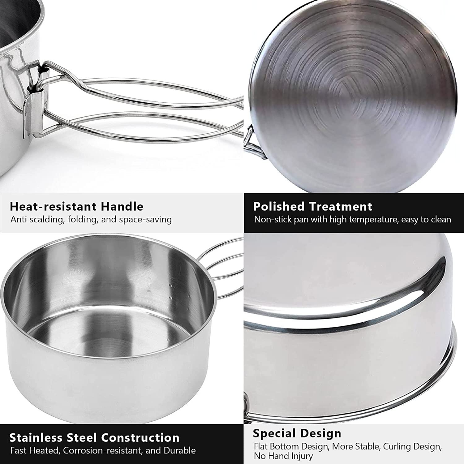 Portable Camping Picnic Outdoor Stainless Steel Metal Dinner Plates Cups Bowls Pans Pots Cookware set