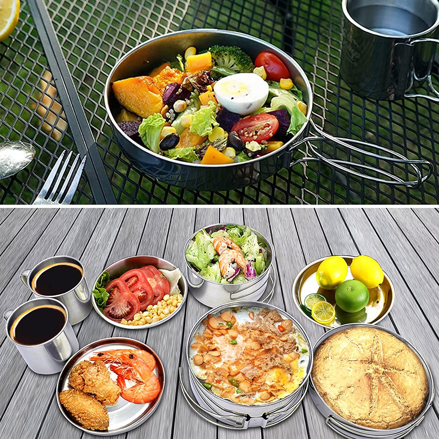 Portable Camping Picnic Outdoor Stainless Steel Metal Dinner Plates Cups Bowls Pans Pots Cookware set