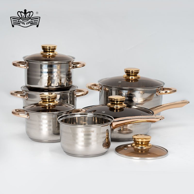 Stainless Steel 5-Layer Induction Bottom 12 Pcs Cookware Set Hot Selling High Quality Soup Pot Milk Pot For Home Kitchenware