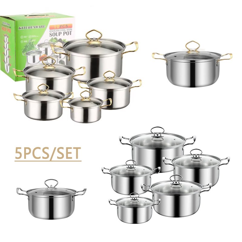 10pcs Stainless Steel Pots And Pans Casserole Cooking Pot Set Cast Iron Kitchen Pans Soup Po Gold Cookware Set