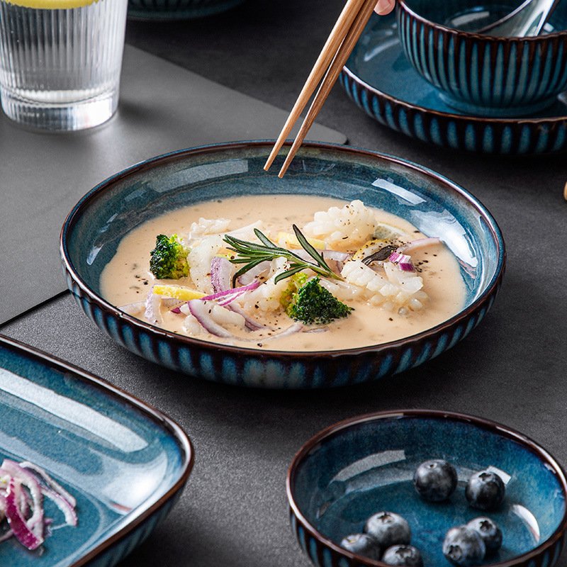 Japanese Tableware Wholesale Blue Porcelain Dinnerware Bowl Spoon Saucer Plate Dishes Ceramic Cookware Sets For Home And Kitchen
