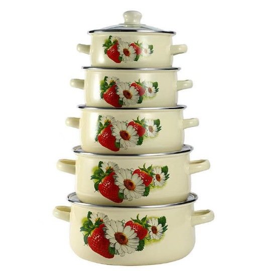 Korean enamel binaural thickened straight pot enamel soup pot white marble five-piece cookware set