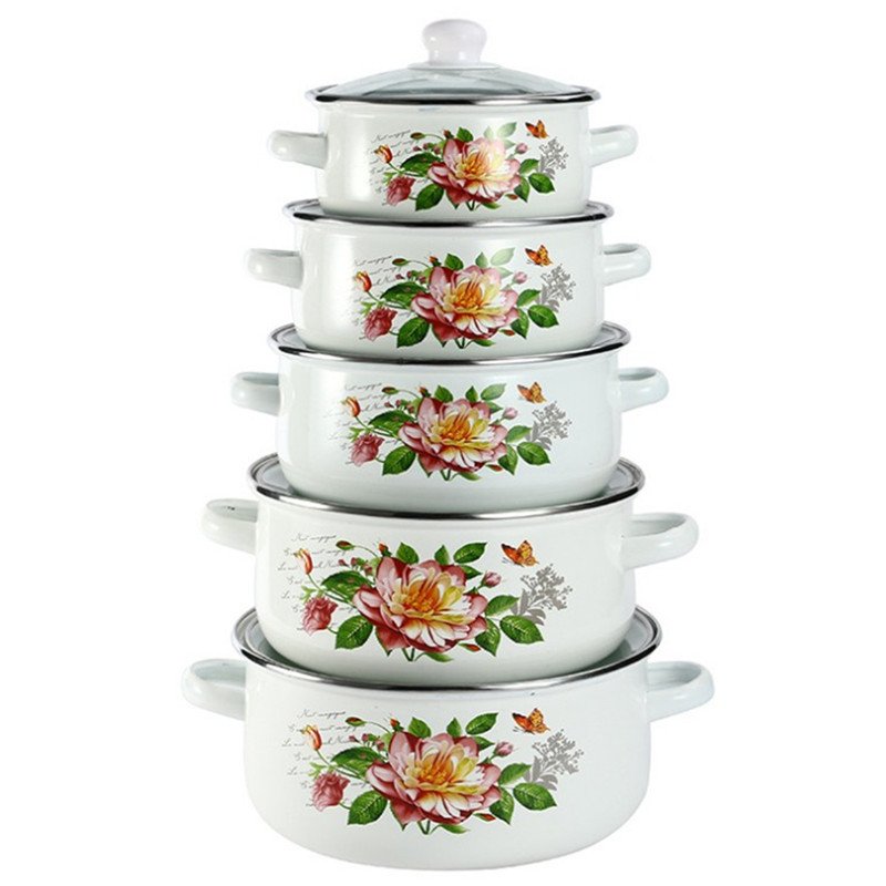 Korean enamel binaural thickened straight pot enamel soup pot white marble five-piece cookware set