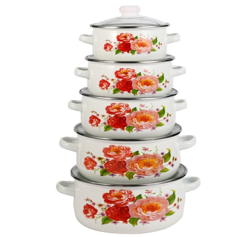 Korean enamel binaural thickened straight pot enamel soup pot white marble five-piece cookware set